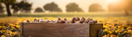 Edible chestnut nuts harvested in a wooden box in a plantation with sunset. Natural organic fruit abundance. Agriculture, healthy and natural food concept. Horizontal composition, banner.の素材