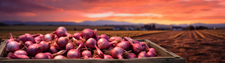 Red onions harvested in a wooden box with field and sunset in the background. Natural organic fruit abundance. Agriculture, healthy and natural food concept. Horizontal composition, banner.の素材