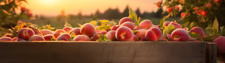 Nectarines harvested in a wooden box with orchard and sunset in the background. Natural organic fruit abundance. Agriculture, healthy and natural food concept. Horizontal composition, banner.の素材