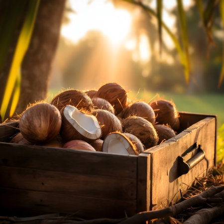 Coconuts harvested in a wooden box in a plantation with sunset. Natural organic fruit abundance. Agriculture, healthy and natural food concept. Square composition.の素材
