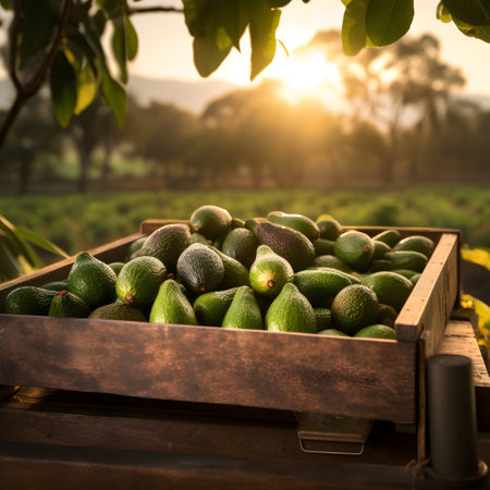 Avocado harvested in a wooden box in a field with sunset. Natural organic vegetable abundance. Agriculture, healthy and natural food concept.の素材