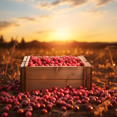 Cranberries harvested in a wooden box in a farm with sunset. Natural organic fruit abundance. Agriculture, healthy and natural food concept. Square composition.の素材