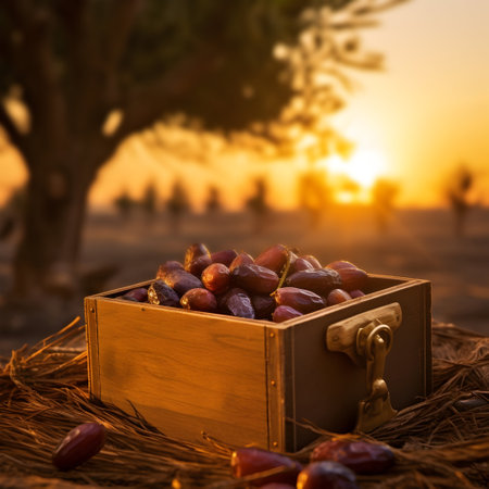 Dates harvested in a wooden box in a plantation with sunset. Natural organic fruit abundance. Agriculture, healthy and natural food concept. Squar composition.の素材
