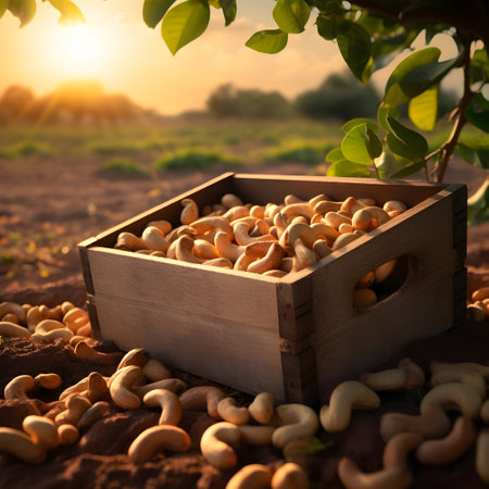 Cashew nuts harvested in a wooden box in a plantation with sunset. Natural organic fruit abundance. Agriculture, healthy and natural food concept. Square composition.の素材