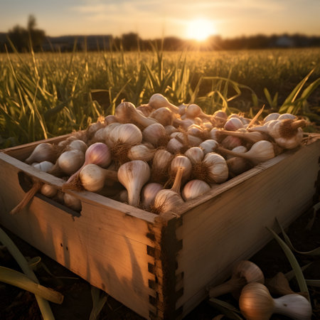 Garlic harvested in a wooden box with field and sunset in the background. Natural organic fruit abundance. Agriculture, healthy and natural food concept. Square composition.の素材