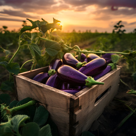 Eggplant harvested in a wooden box with field and sunset in the background. Natural organic fruit abundance. Agriculture, healthy and natural food concept. Square composition.の素材
