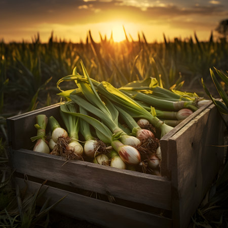 Leeks harvested in a wooden box with field and sunset in the background. Natural organic fruit abundance. Agriculture, healthy and natural food concept. Square composition.の素材