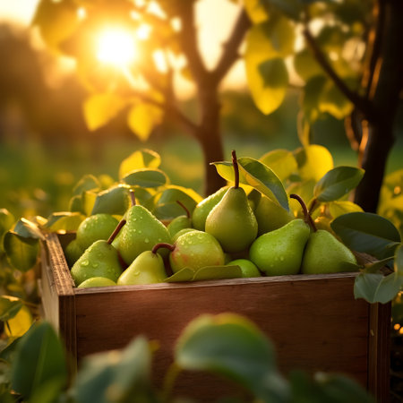 Green pears harvested in a wooden box in an orchard with sunset. Natural organic fruit abundance. Agriculture, healthy and natural food concept. Square composition.の素材