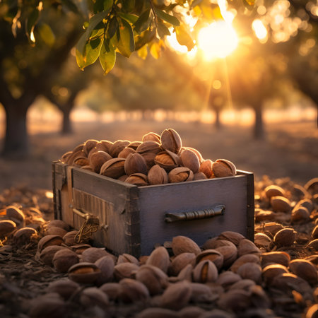 Pecan nuts harvested in a wooden box in a plantation with sunset. Natural organic fruit abundance. Agriculture, healthy and natural food concept. Square composition.の素材