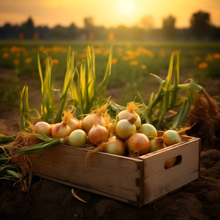 Yellow onions harvested in a wooden box with field and sunset in the background. Natural organic fruit abundance. Agriculture, healthy and natural food concept. Square composition.の素材