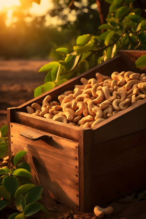 Cashew nuts harvested in a wooden box in a plantation with sunset. Natural organic fruit abundance. Agriculture, healthy and natural food concept. Vertical composition.の素材