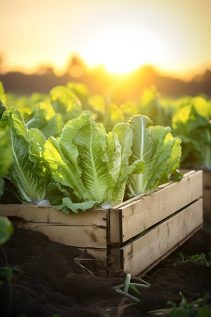 Cabbage harvested in a wooden box with field and sunset in the background. Natural organic fruit abundance. Agriculture, healthy and natural food concept. Vertical composition.の素材