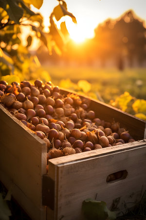 Almond nuts harvested in a wooden box in a plantation with sunset. Natural organic fruit abundance. Agriculture, healthy and natural food concept. Vertical composition.の素材