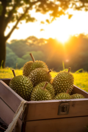 Durian fruit harvested in a wooden box in a plantation with sunset. Natural organic fruit abundance. Agriculture, healthy and natural food concept. Vertical composition.の素材