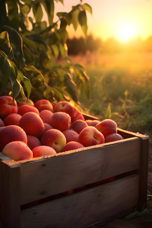 Nectarines harvested in a wooden box with orchard and sunset in the background. Natural organic fruit abundance. Agriculture, healthy and natural food concept. Vertical composition.の素材