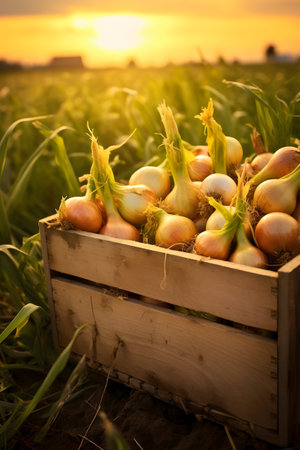 Yellow onions harvested in a wooden box with field and sunset in the background. Natural organic fruit abundance. Agriculture, healthy and natural food concept. Vertical composition.の素材