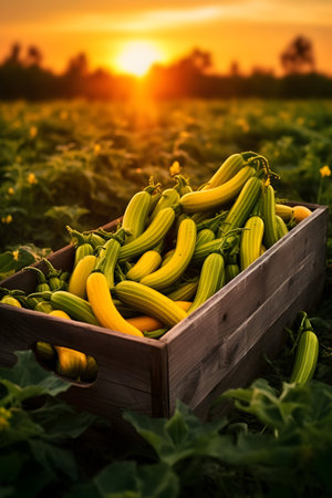 Zucchini harvested in a wooden box with field and sunset in the background. Natural organic fruit abundance. Agriculture, healthy and natural food concept. Vertical composition.の素材