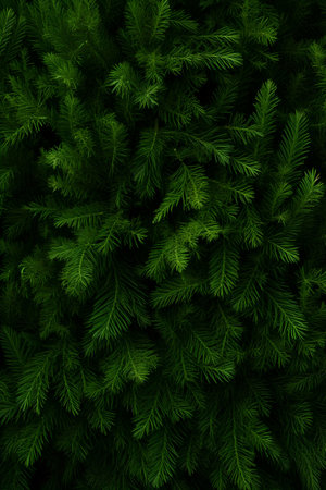 Fir branches green needle abstract background Christmas texture. Vertical composition.の素材