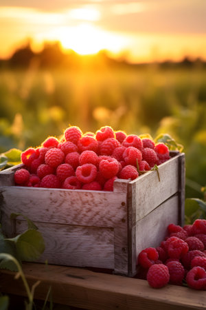 Raspberries harvested in a wooden box in a farm with sunset. Natural organic fruit abundance. Agriculture, healthy and natural food concept. Vertical composition.の素材