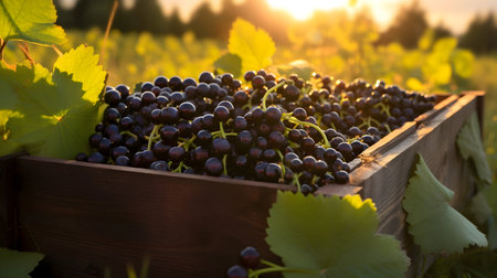 Black currant harvested in a wooden box in a farm with sunset. Natural organic fruit abundance. Agriculture, healthy and natural food concept. Horizontal composition.の素材