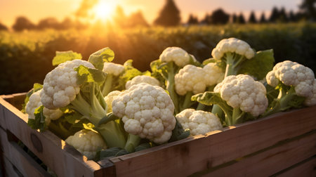 Cauliflower harvested in a wooden box with field and sunset in the background. Natural organic fruit abundance. Agriculture, healthy and natural food concept. Horizontal composition.の素材