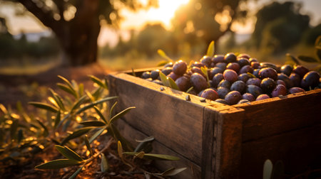 Olives harvested in a wooden box in a plantation with sunset. Natural organic fruit abundance. Agriculture, healthy and natural food concept.の素材