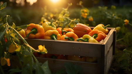 Orange bell peppers harvested in a wooden box with field and sunset in the background. Natural organic fruit abundance. Agriculture, healthy and natural food concept. Horizontal composition.の素材
