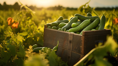 Cucumbers harvested in a wooden box with field and sunset in the background. Natural organic fruit abundance. Agriculture, healthy and natural food concept. Horizontal composition.の素材