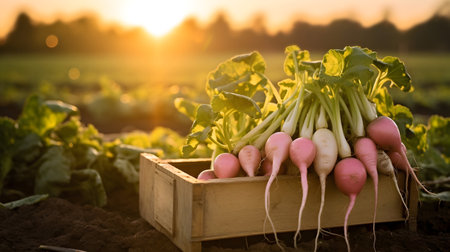 Radish Daikon harvested in a wooden box with field and sunset in the background. Natural organic fruit abundance. Agriculture, healthy and natural food concept. Horizontal composition.の素材
