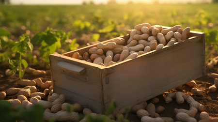 Peanuts harvested in a wooden box in a plantation with sunset. Natural organic fruit abundance. Agriculture, healthy and natural food concept.の素材