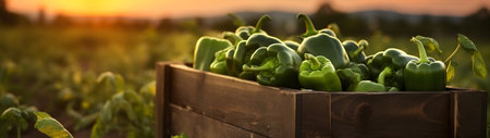 Green bell peppers harvested in a wooden box with field and sunset in the background. Natural organic fruit abundance. Agriculture, healthy and natural food concept. Horizontal composition, banner.の素材