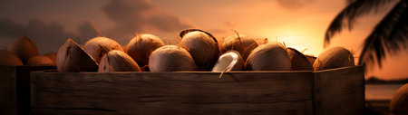 Coconuts harvested in a wooden box in a plantation with sunset. Natural organic fruit abundance. Agriculture, healthy and natural food concept.の素材