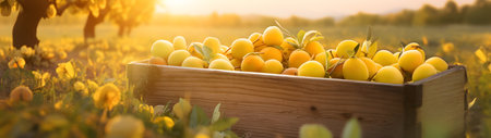 Yellow plums harvested in a wooden box with orchard and sunset in the background. Natural organic fruit abundance. Agriculture, healthy and natural food concept. Horizontal composition, banner.の素材