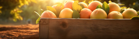 Pomelo harvested in a wooden box with orchard and sunshine in the background. Natural organic fruit abundance. Agriculture, healthy and natural food concept. Horizontal composition, banner.の素材