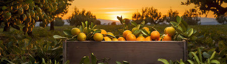 Kumquats harvested in a wooden box with orchard and sunshine in the background. Natural organic fruit abundance. Agriculture, healthy and natural food concept. Horizontal composition, banner.の素材