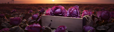 Red Cabbage harvested in a wooden box with field and sunset in the background. Natural organic fruit abundance. Agriculture, healthy and natural food concept. Horizontal composition, banner.の素材