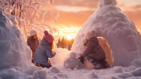 Group of children building igloo in winter countryside with snow covered surface, trees and sunset in the background.の素材
