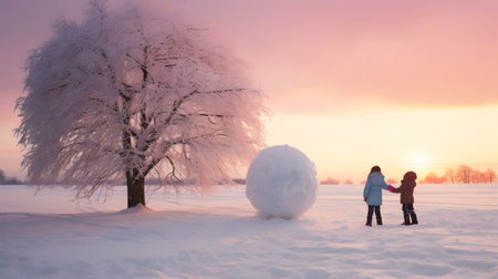 Two children standing next to the huge snow ball in winter countryside with snow covered trees and surface in the evening, sunset in the background.の素材