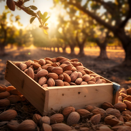 Almond nuts harvested in a wooden box in a plantation with sunset. Natural organic fruit abundance. Agriculture, healthy and natural food concept. Square composition.の素材