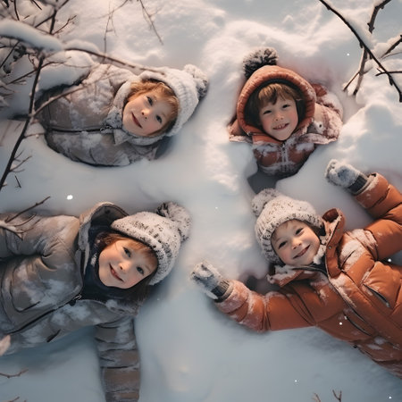 Group of children lying on the snow covered surface with snow on their hats, hair and clothes smiling, happy, having fun. Focused on their heads, top view. directly above, square.の素材