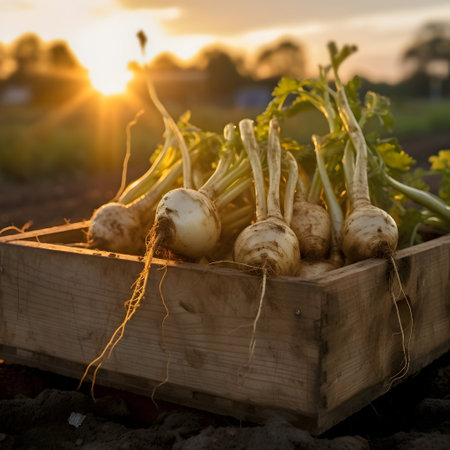 Celery root harvested in a wooden box with field and sunset in the background. Natural organic fruit abundance. Agriculture, healthy and natural food concept. Square composition.の素材