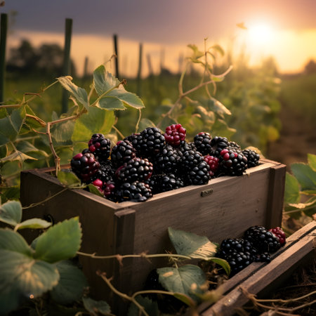 Blackberries harvested in a wooden box in a farm with sunset. Natural organic fruit abundance. Agriculture, healthy and natural food concept. Square composition.の素材