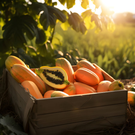 Papaya harvested in a wooden box with orchard and sunshine in the background. Natural organic fruit abundance. Agriculture, healthy and natural food concept. Square composition.の素材