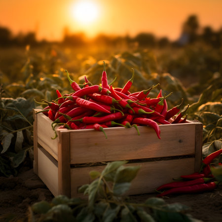 Chili peppers harvested in a wooden box with field and sunset in the background. Natural organic fruit abundance. Agriculture, healthy and natural food concept. Square composition.の素材