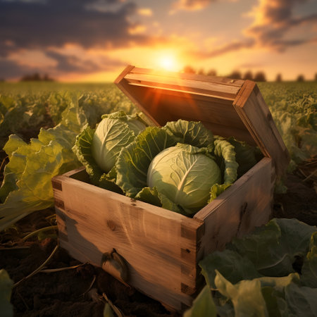 Cabbage harvested in a wooden box with field and sunset in the background. Natural organic fruit abundance. Agriculture, healthy and natural food concept. Square composition.の素材