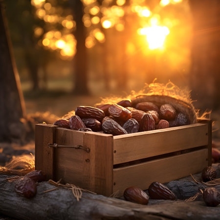 Dates harvested in a wooden box in a plantation with sunset. Natural organic fruit abundance. Agriculture, healthy and natural food concept. Squar composition.の素材