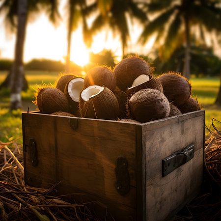 Coconuts harvested in a wooden box in a plantation with sunset. Natural organic fruit abundance. Agriculture, healthy and natural food concept. Square composition.の素材