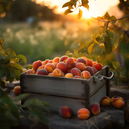 Apricots harvested in a wooden box in an orchard with sunset. Natural organic fruit abundance. Agriculture, healthy and natural food concept. Square composition.の素材