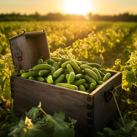 Gherkins harvested in a wooden box with field and sunset in the background. Natural organic fruit abundance. Agriculture, healthy and natural food concept. Square composition.の素材