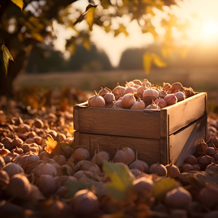Hazelnuts harvested in a wooden box in a plantation with sunset. Natural organic fruit abundance. Agriculture, healthy and natural food concept. Square composition.の素材